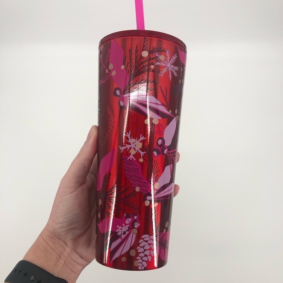 STARBUCKS Holiday 2021 Red Pine Pine Cone Holly Stainless Steel Tumbler NEW - Picture 3 of 8